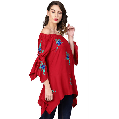 YASH GALLERY Women's Dotted Rayon Dobby Embroidered Kite Style Top (Maroon)