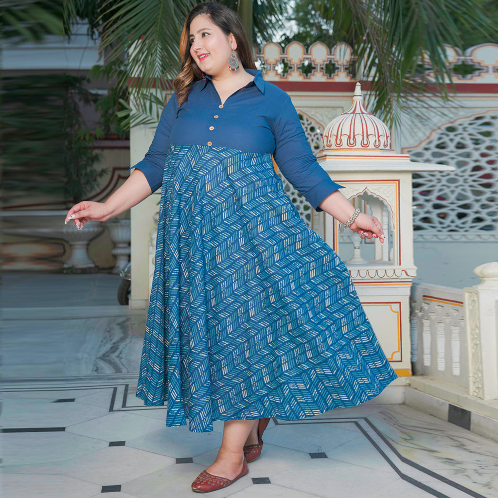 YASH GALLERY Women's Plus Size Blue Cotton Geometrical Printed Anarkali Dress(Blue)