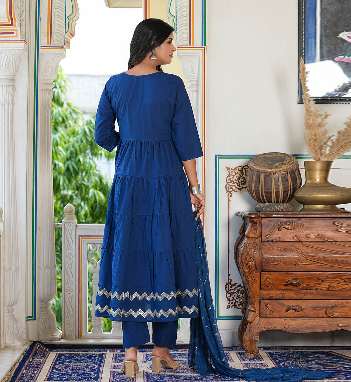 YASH GALLERY Women's Blue  Embroidered Tiered Kurta Set with Dupatta