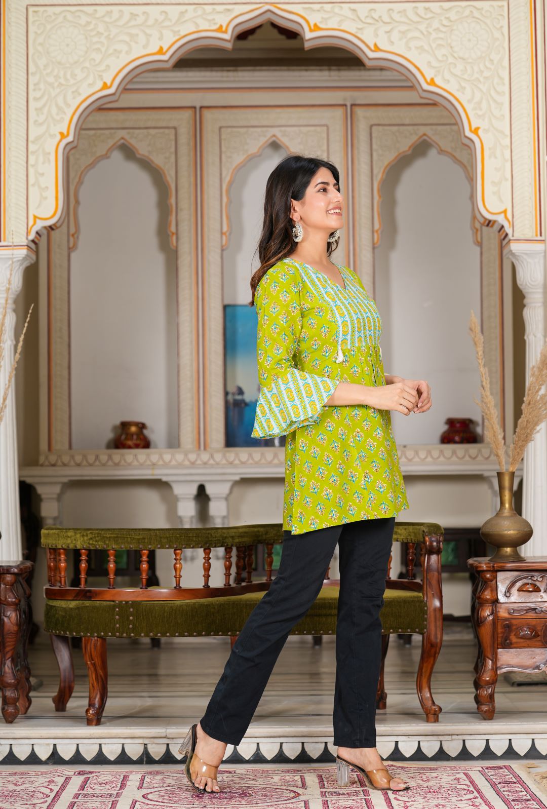 yash gallery womens green floral printed short kurti green