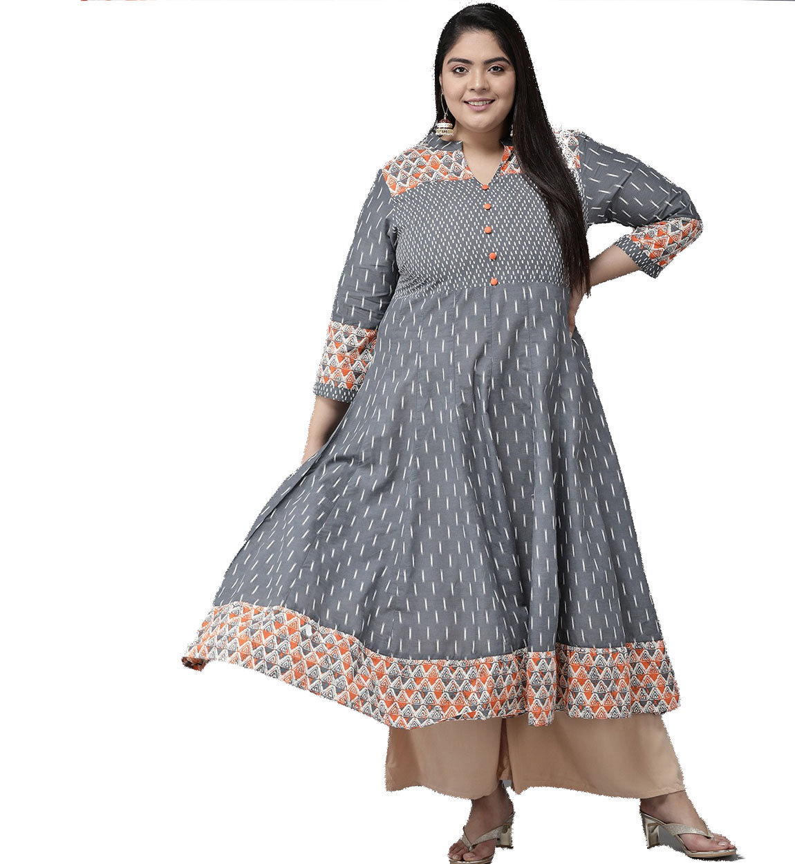 yash gallery womens plus size ikat printed anarkali kurti grey