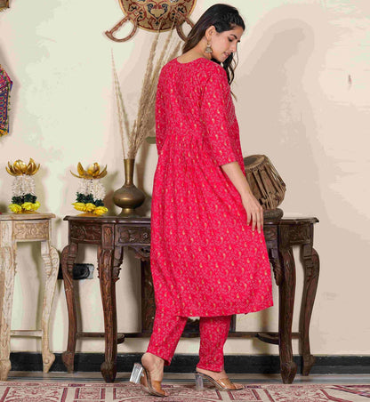 YASH GALLERY Women's Red Floral Printed Embroidered Aliya Cut Kurta with Pant & Dupatta
