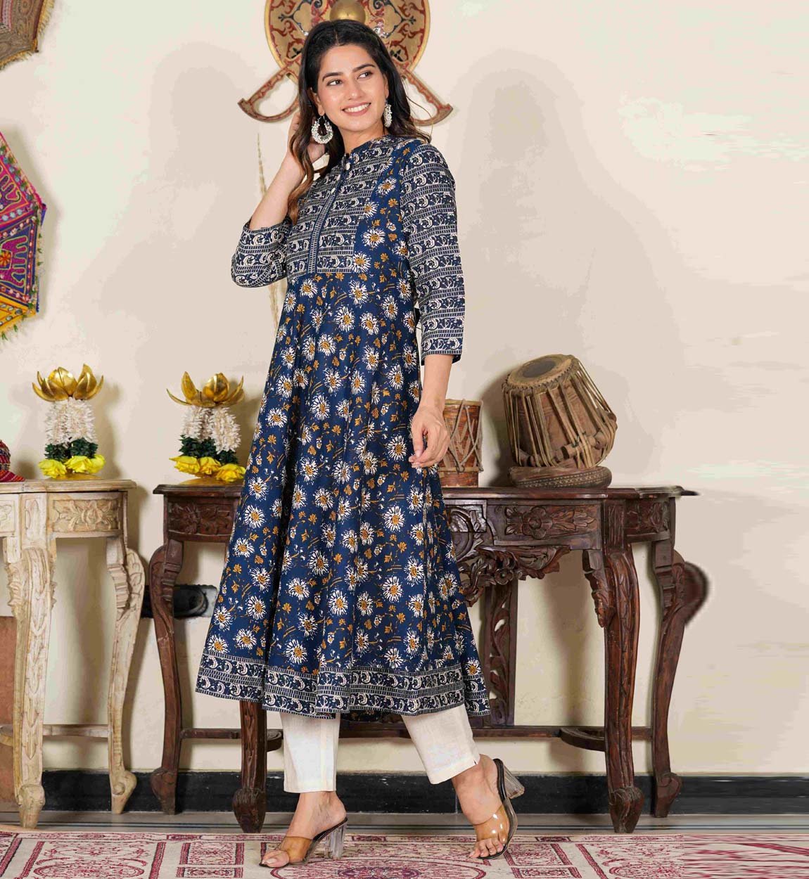 yash gallery womens blue floral printed anarkali kurti blue