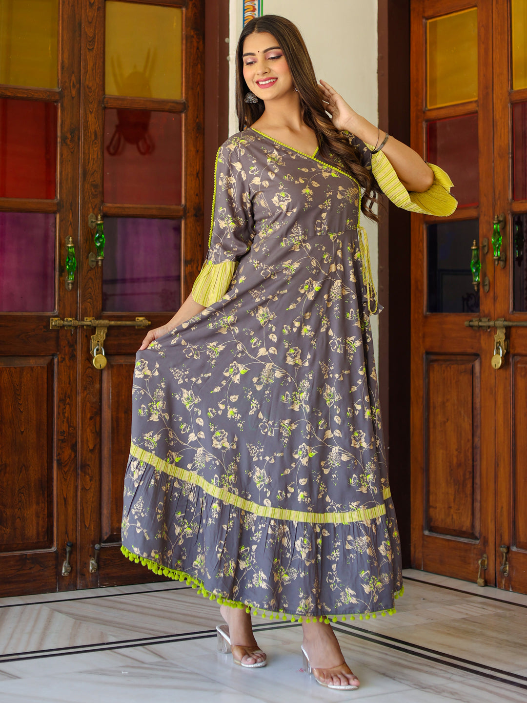 Yash Gallery Women's Floral Printed Anarkali Kurti (Grey)