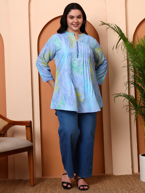 Yash Gallery Women’s Polyester Marble Print Short Kurti Mandarin Collar with Pintuck Pleats 3/4th Sleeve