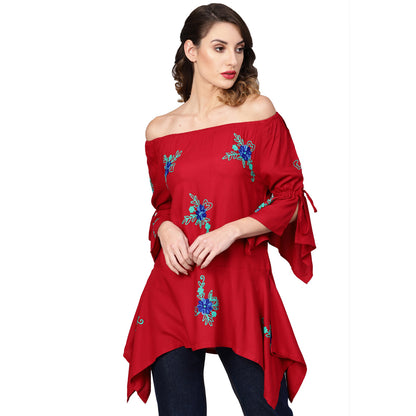 YASH GALLERY Women's Dotted Rayon Dobby Embroidered Kite Style Top (Maroon)