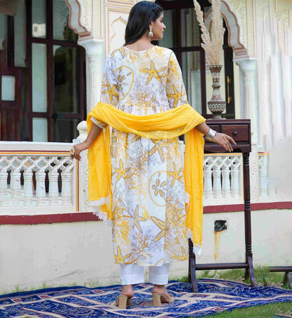 YASH GALLERY Women's Yellow Embroidered Anarkali Kurta with Pant & Dupatta