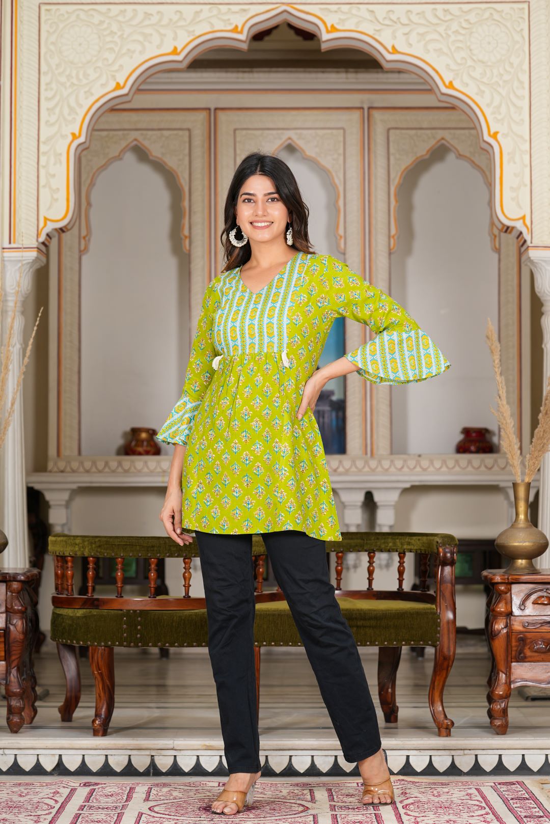 yash gallery womens green floral printed short kurti green