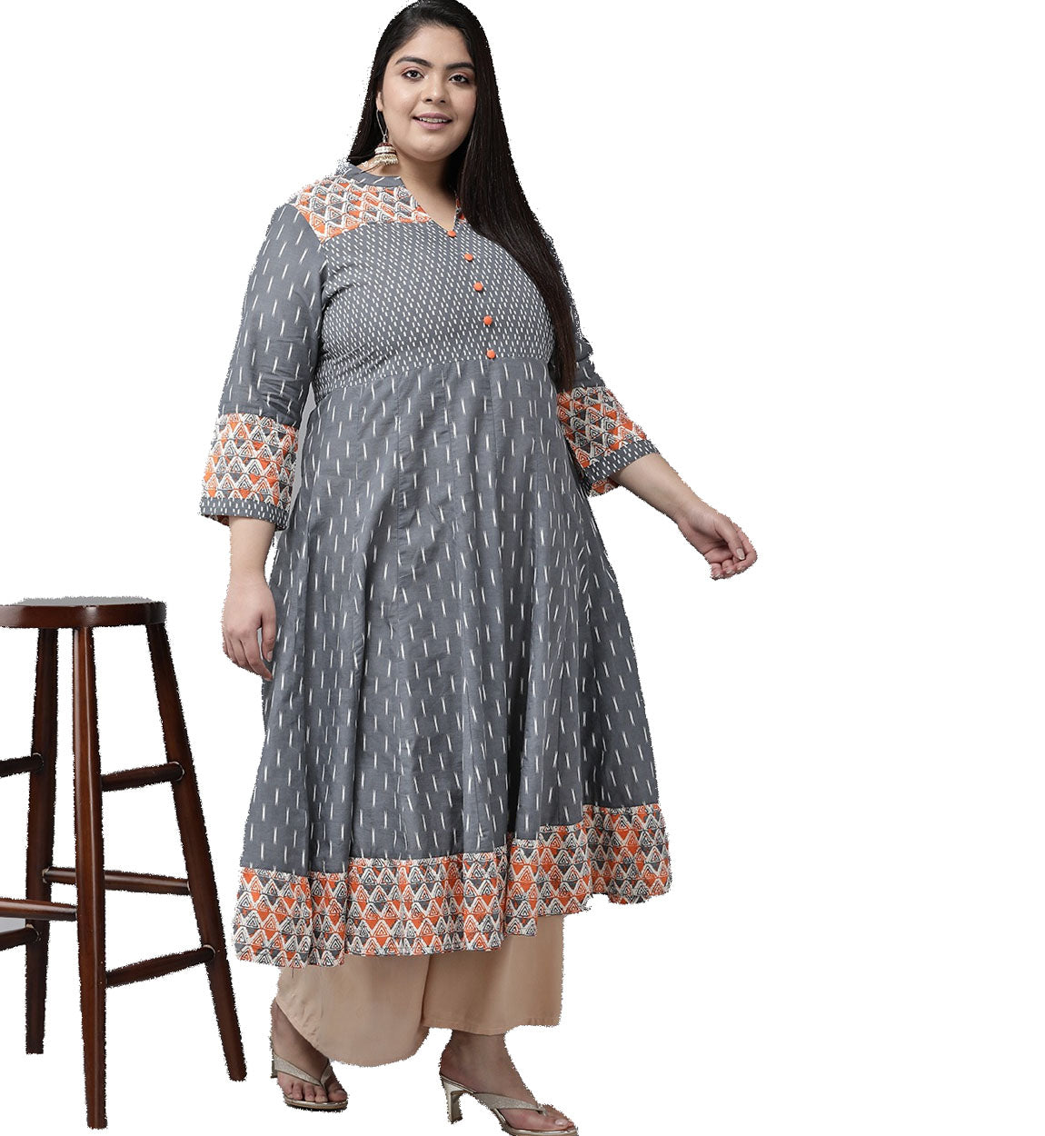 yash gallery womens plus size ikat printed anarkali kurti grey