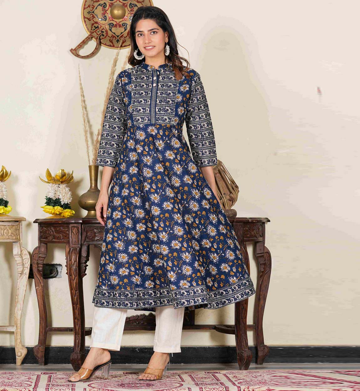 yash gallery womens blue floral printed anarkali kurti blue