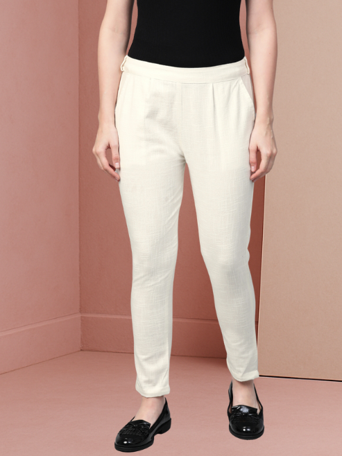 Cotton Slub Solid Regular Fit Casual Trouser Pants (OFF-WHITE)