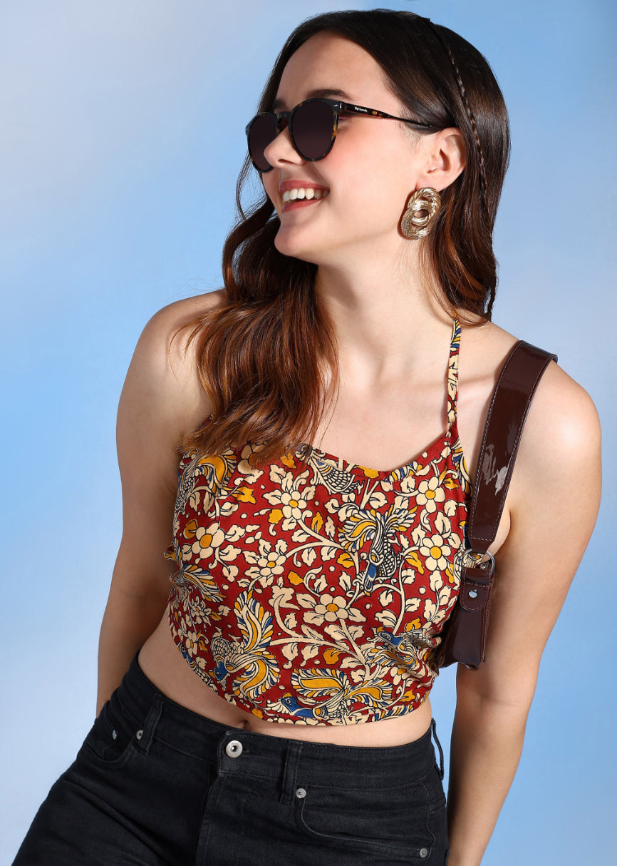 yash gallery womens cotton blue geometrical hand block printed free size backless blouse blue