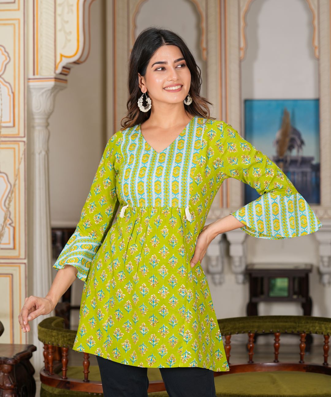 yash gallery womens green floral printed short kurti green