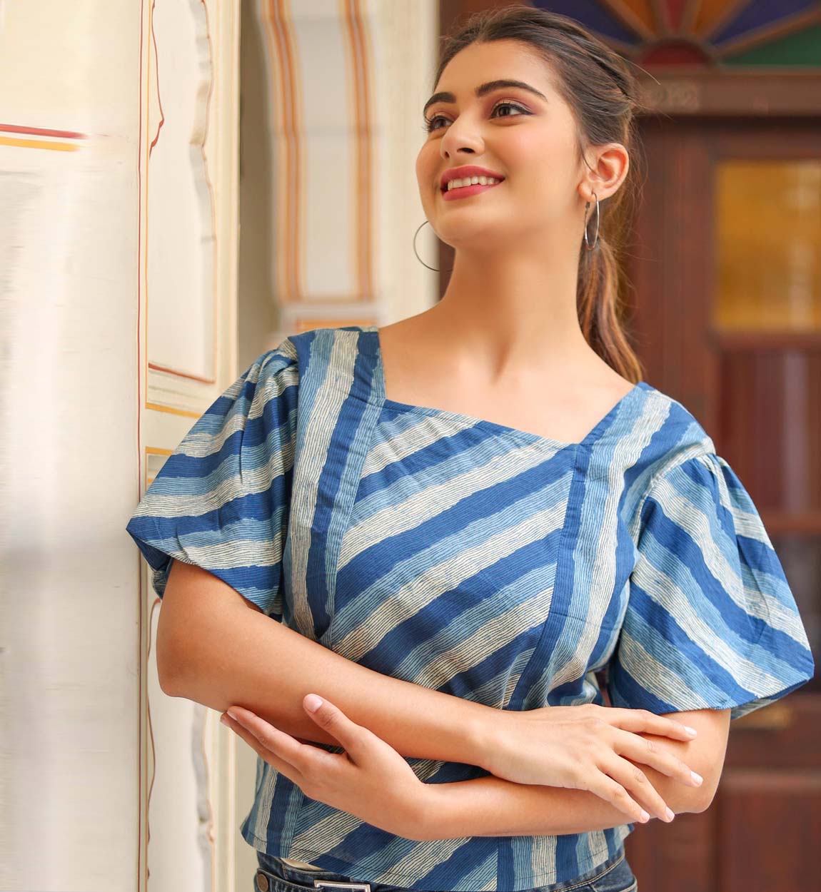 yash gallery womens stripe printed regular top blue
