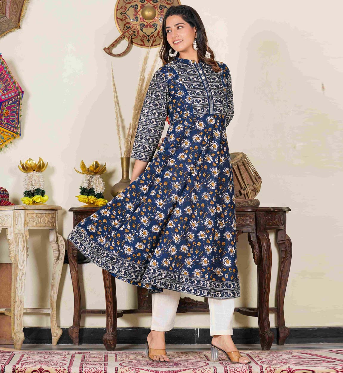yash gallery womens blue floral printed anarkali kurti blue