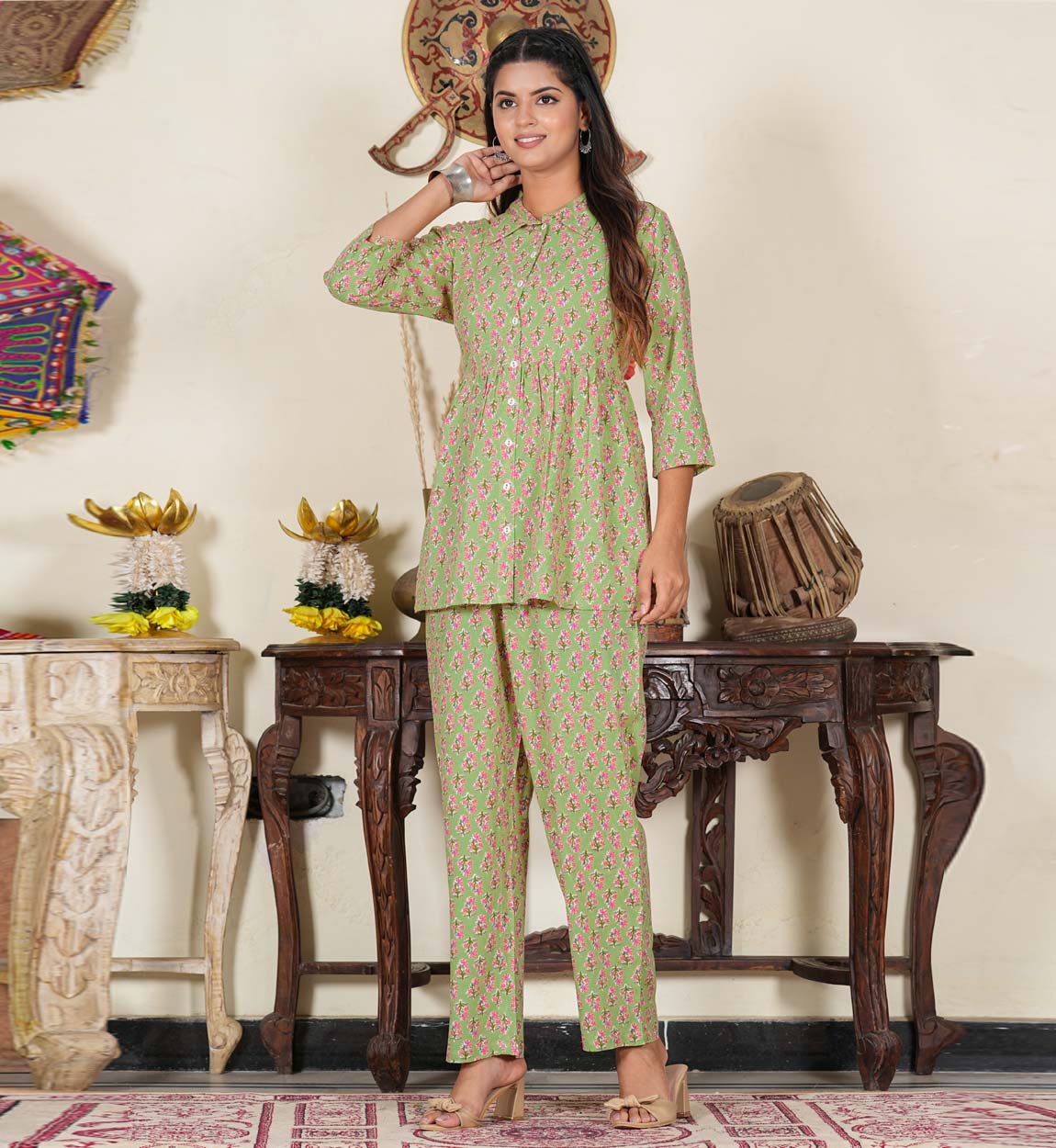 yash gallery womens floral printed night suitgreen