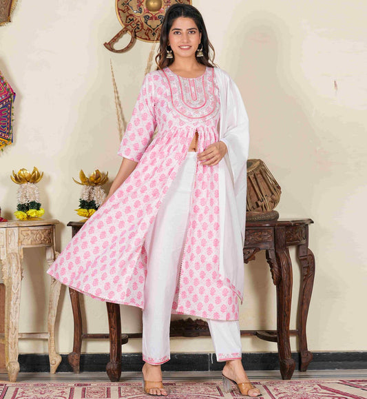 YASH GALLERY Women's Pink  Floral Embroidered Gathered  Kurta with Pant & Dupatta