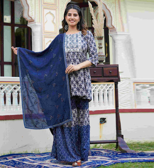 YASH GALLERY Women's Blue Ikat Printed Embroidered Short Kurti with Sharara & Dupatta