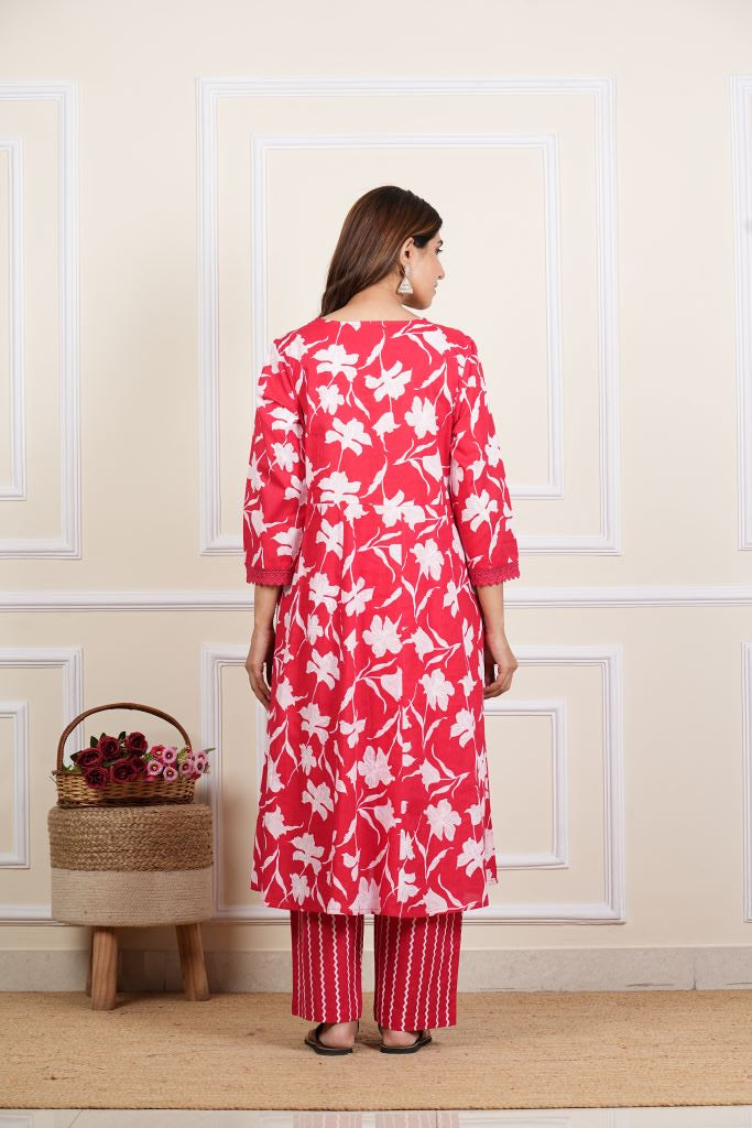 yash gallery womens cotton ankle length notch neck 3 4 sleeves floral print mirror work anarkali with pant and duptta