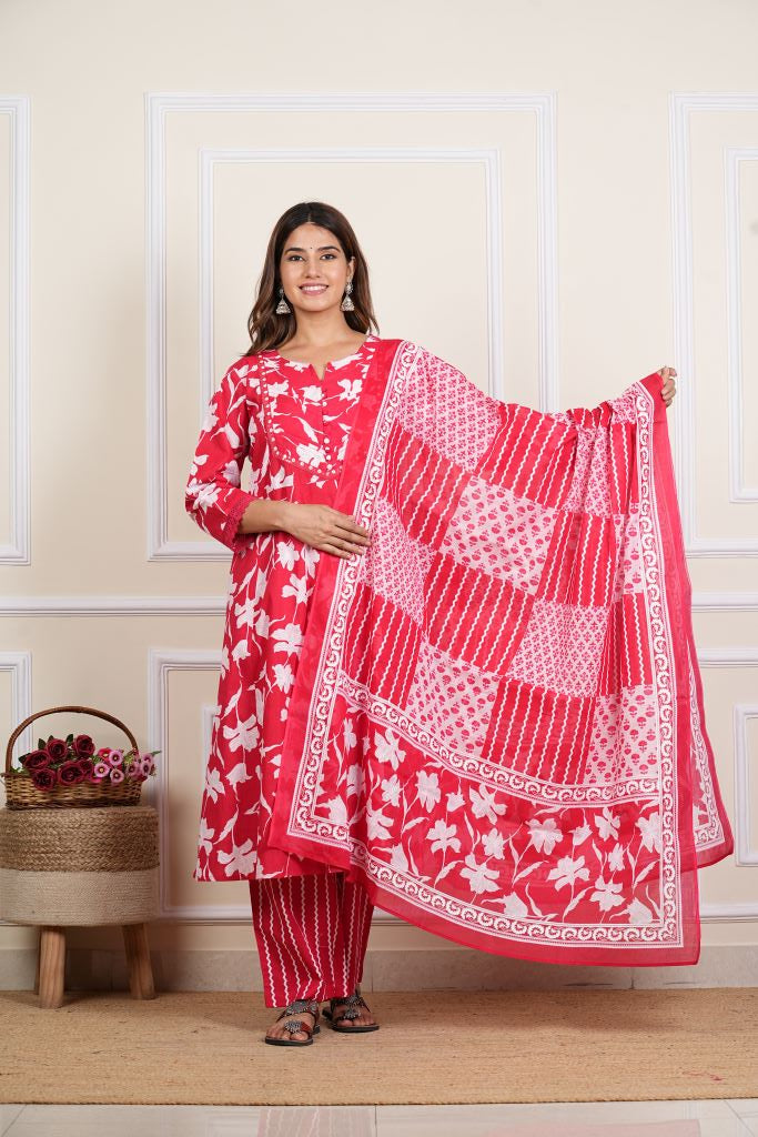 yash gallery womens cotton ankle length notch neck 3 4 sleeves floral print mirror work anarkali with pant and duptta