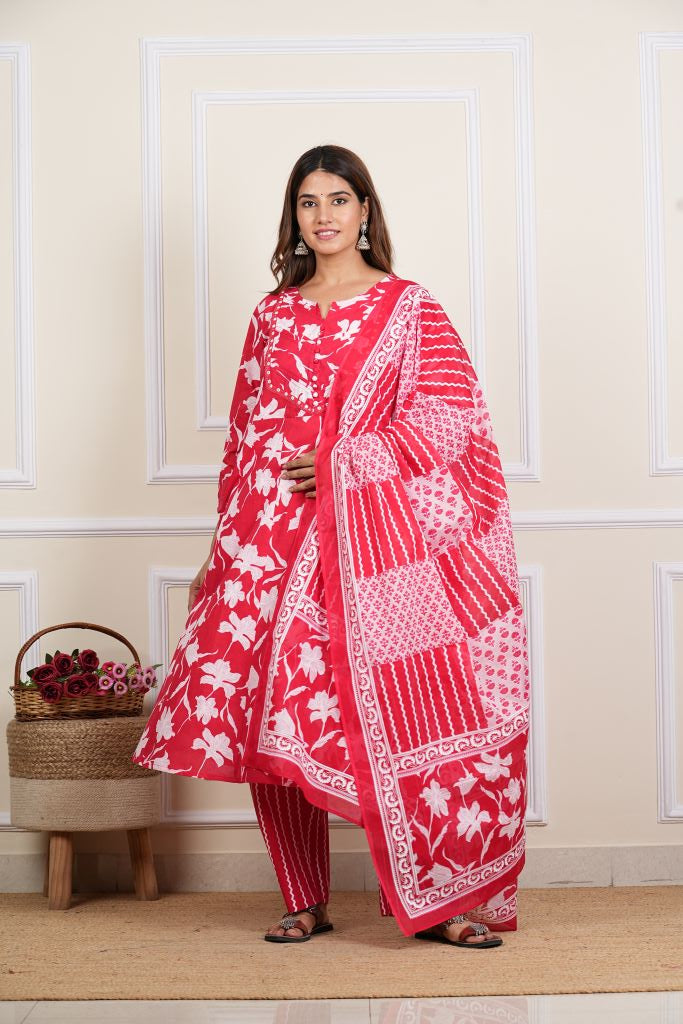 yash gallery womens cotton ankle length notch neck 3 4 sleeves floral print mirror work anarkali with pant and duptta