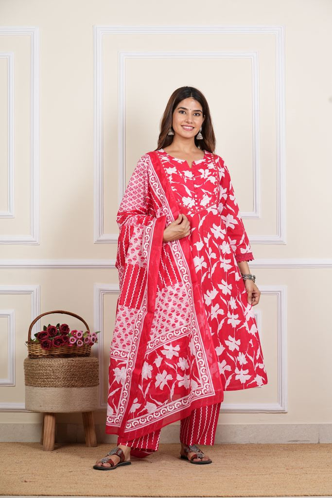 yash gallery womens cotton ankle length notch neck 3 4 sleeves floral print mirror work anarkali with pant and duptta
