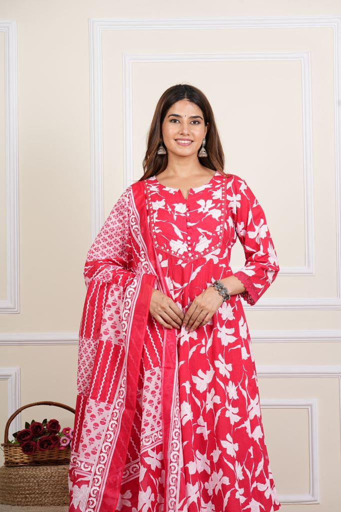 yash gallery womens cotton ankle length notch neck 3 4 sleeves floral print mirror work anarkali with pant and duptta