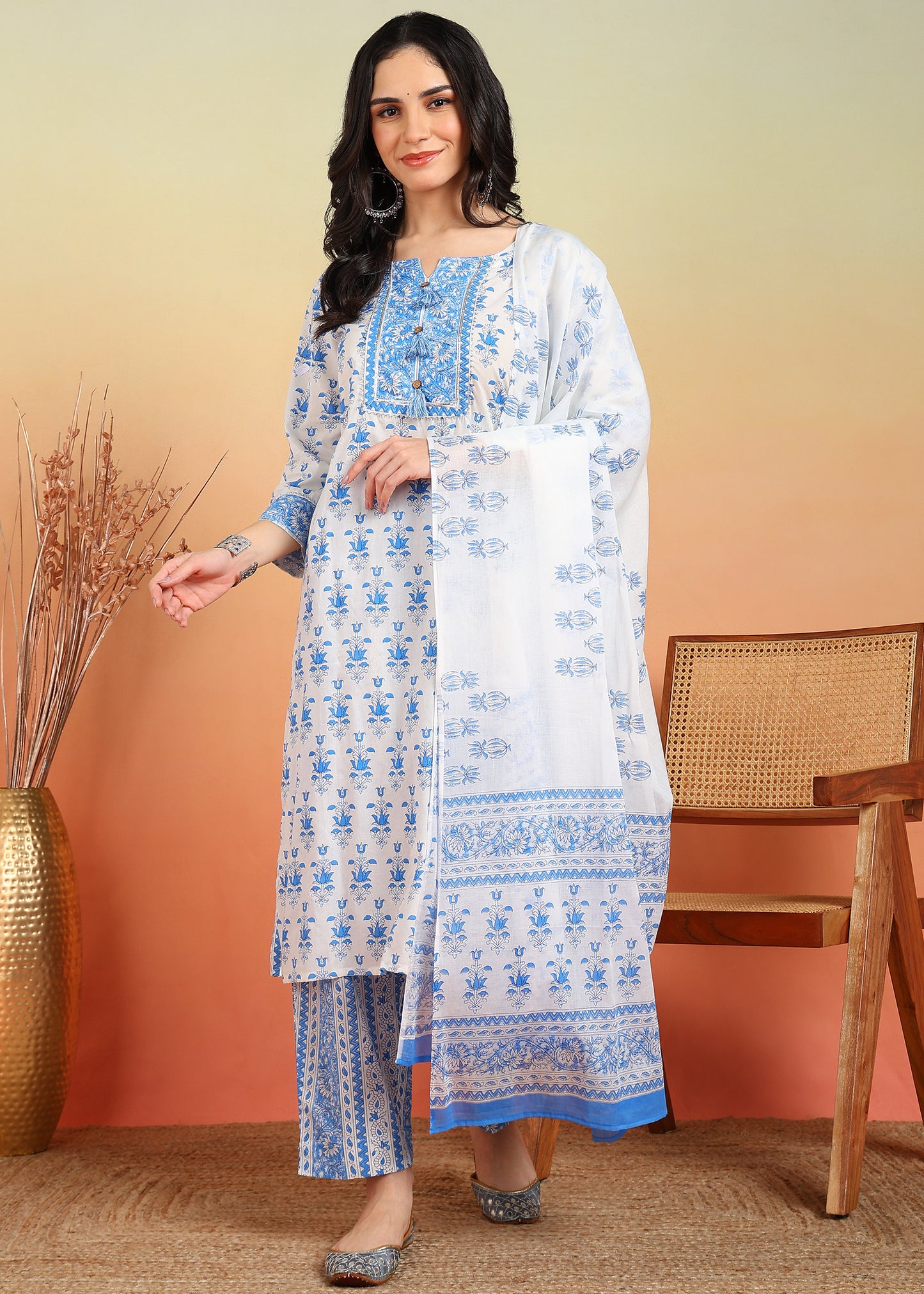 yash gallery womens plus size cotton calf length notch neck 3 4 sleeves floral print straight kurta with pant and dupatta