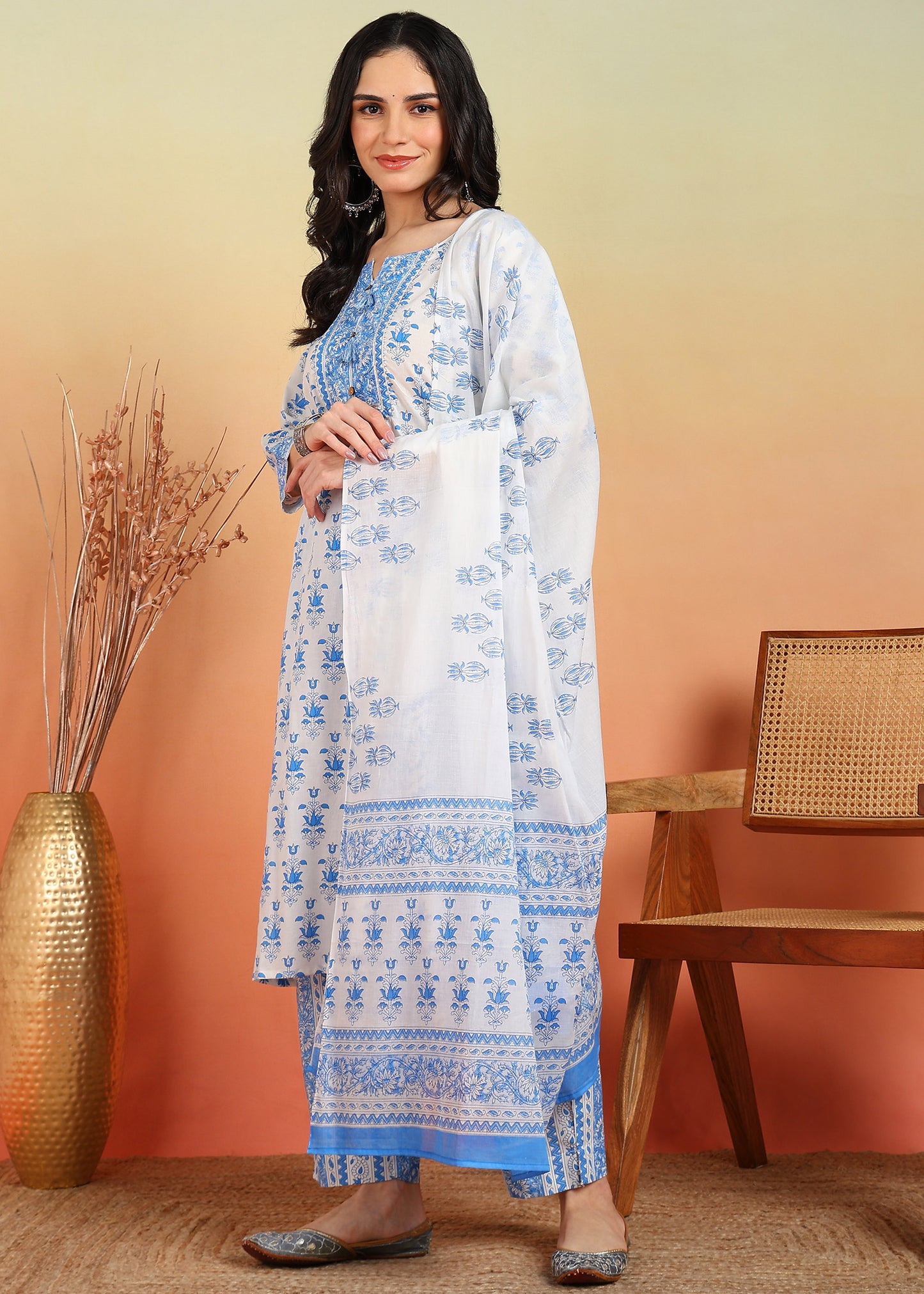yash gallery womens plus size cotton calf length notch neck 3 4 sleeves floral print straight kurta with pant and dupatta
