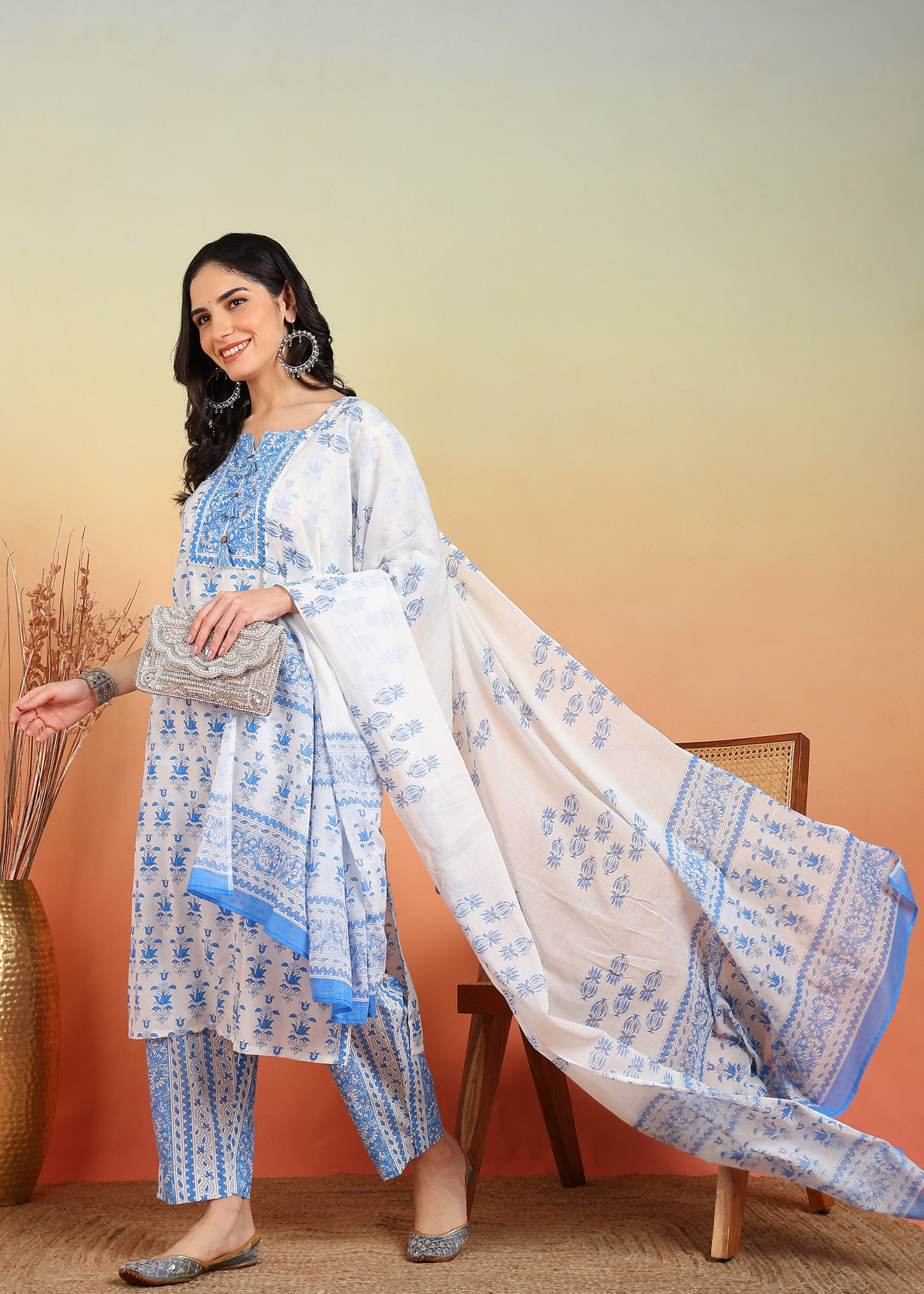 yash gallery womens plus size cotton calf length notch neck 3 4 sleeves floral print straight kurta with pant and dupatta