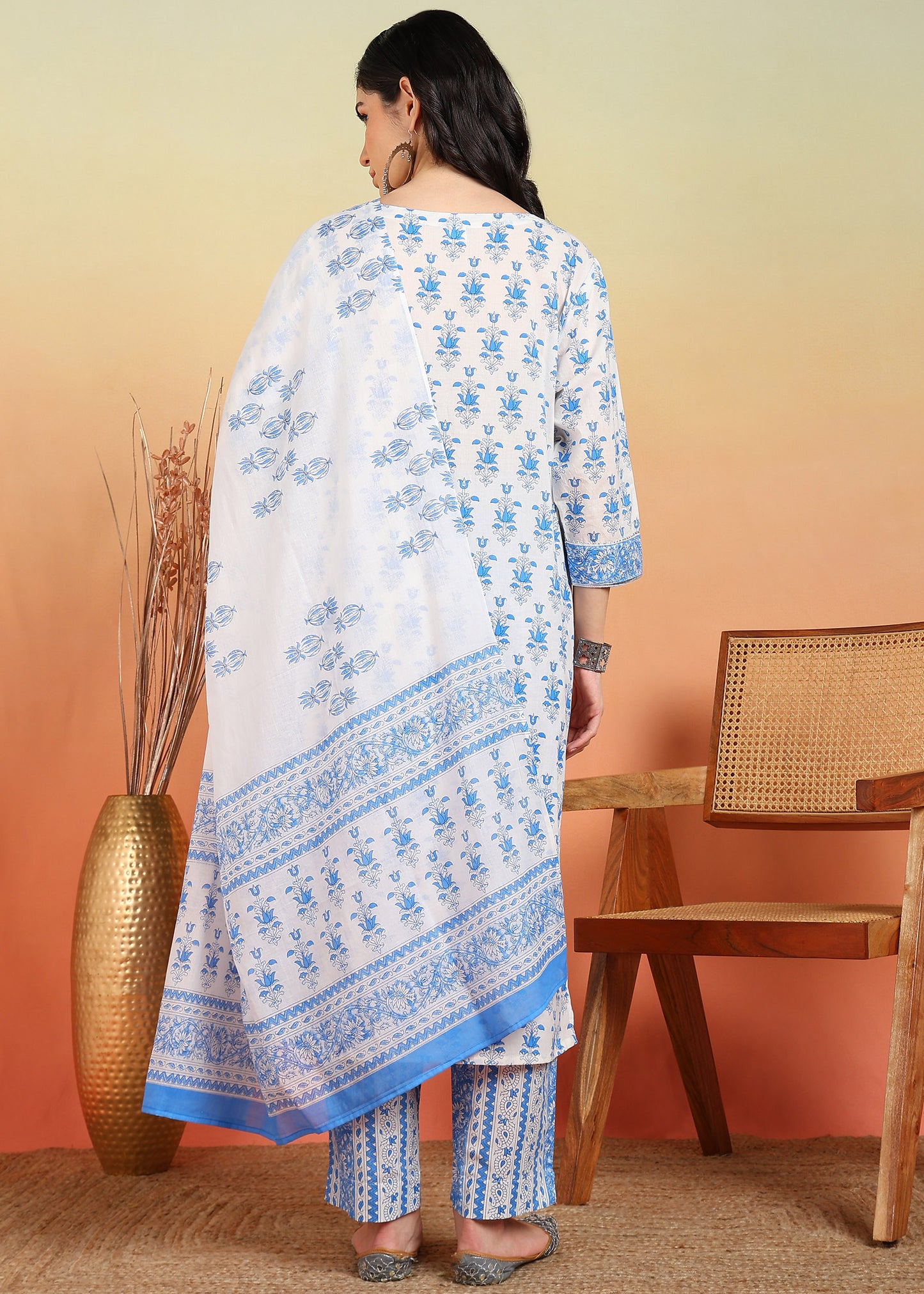 yash gallery womens plus size cotton calf length notch neck 3 4 sleeves floral print straight kurta with pant and dupatta