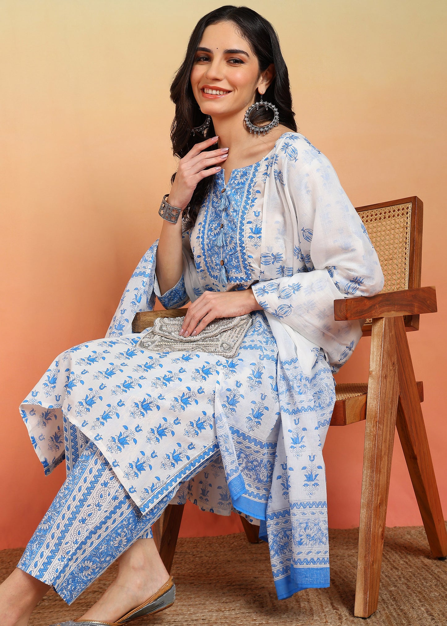 yash gallery womens plus size cotton calf length notch neck 3 4 sleeves floral print straight kurta with pant and dupatta