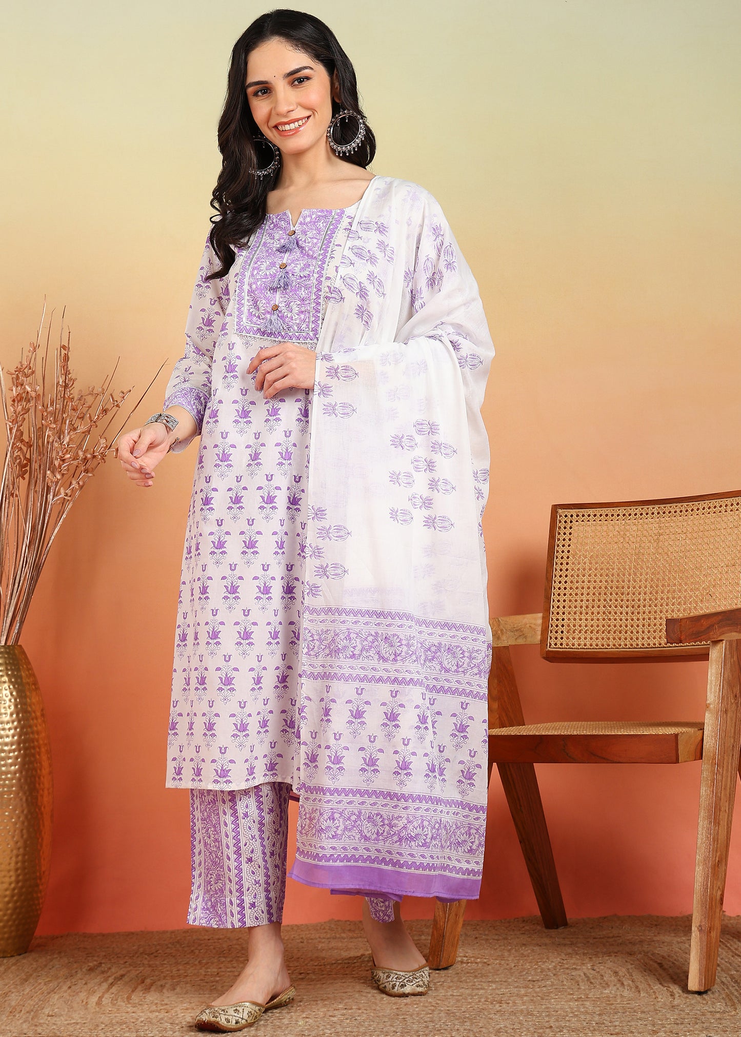yash gallery womens plus size cotton calf length notch neck 3 4 sleeves floral print straight kurta with pant and dupatta