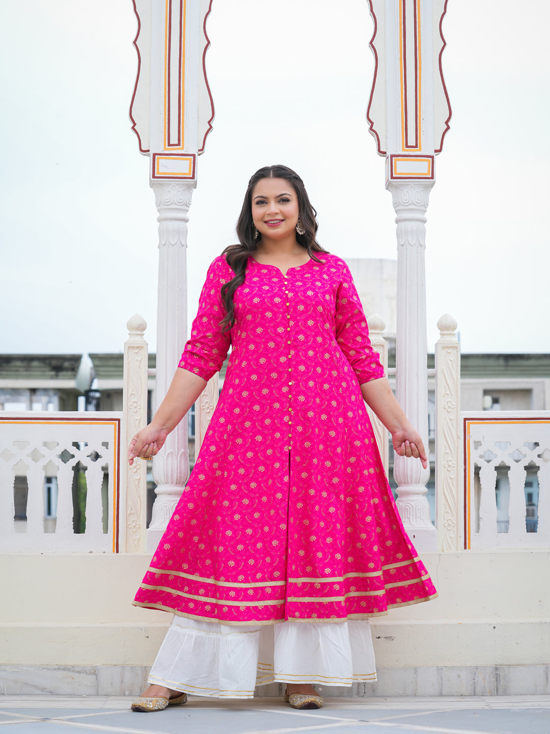 Yash Gallery Gold printed Pink Anarakali Kurta