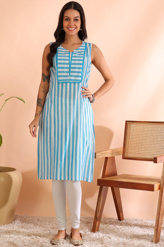 yash gallery womens cotton crambric knee length stripe print sleeveless notch neck regular fitted short kurti