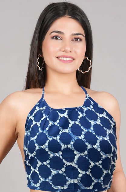 YASH GALLERY Women's Cotton Blue Geometrical Hand block Printed Free size Backless Blouse (Blue)