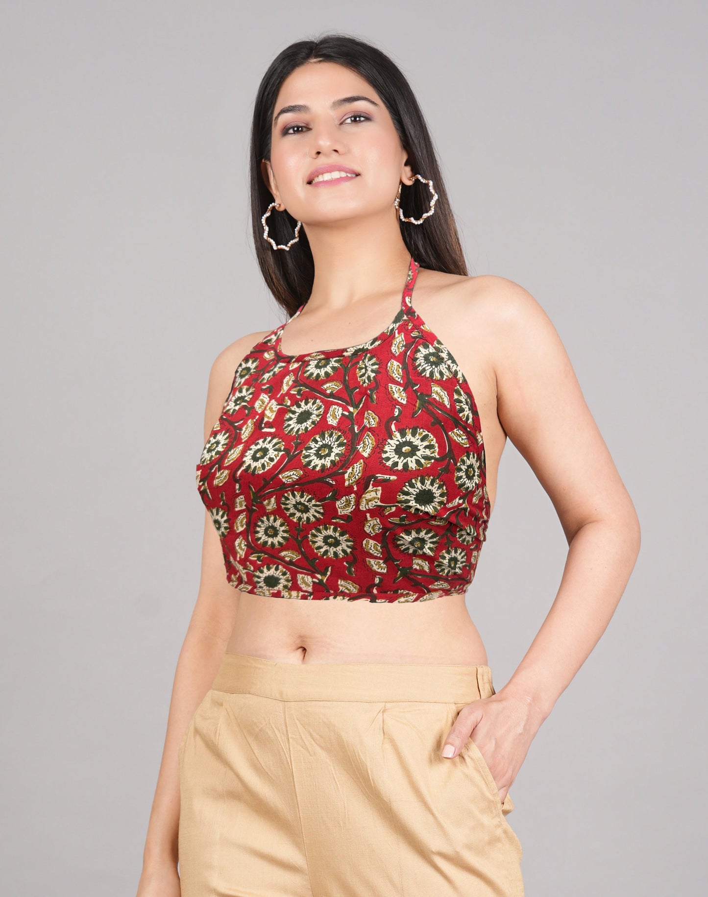 yash gallery womens cotton blue geometrical hand block printed free size backless blouse blue