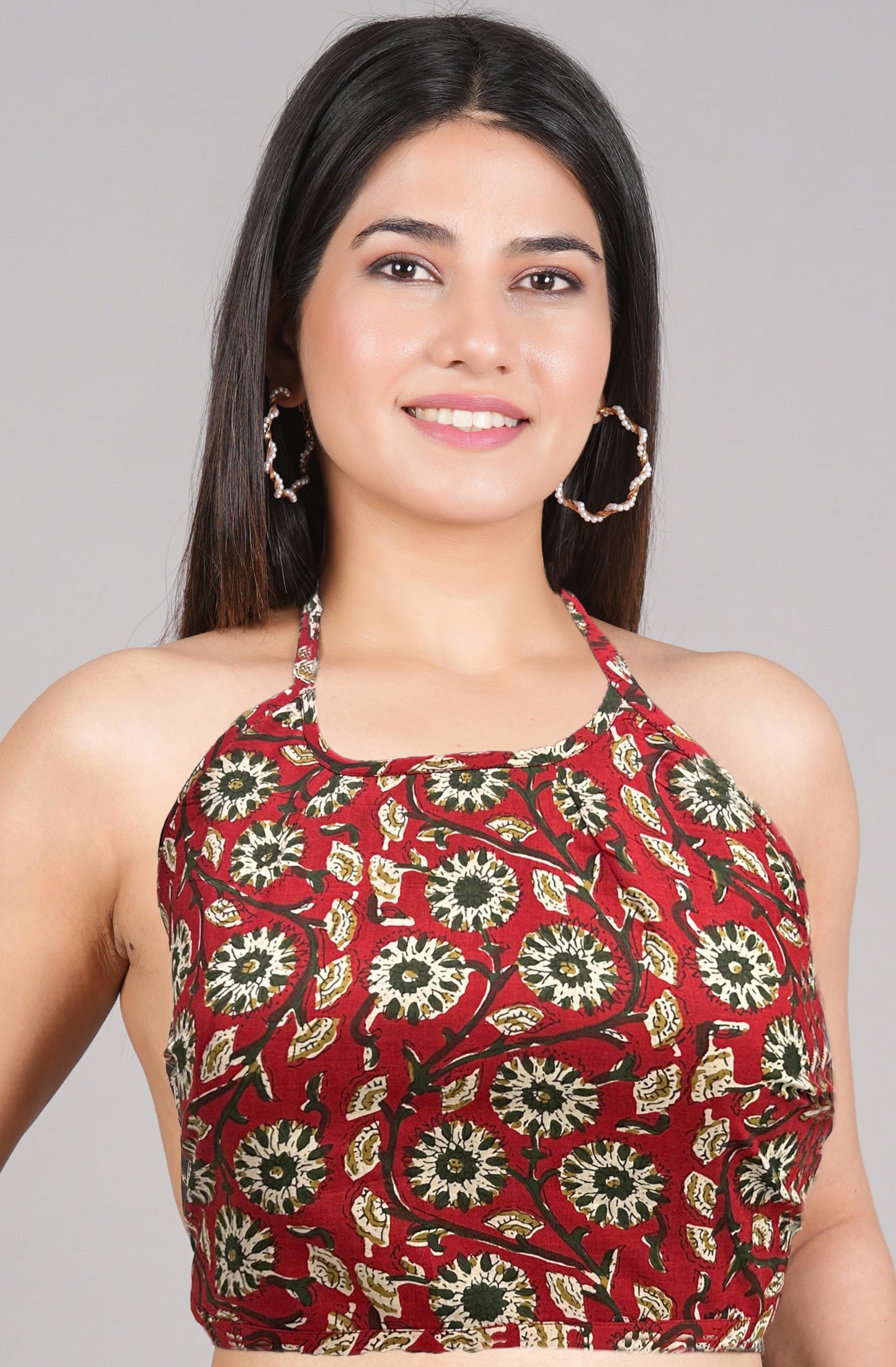 yash gallery womens cotton blue geometrical hand block printed free size backless blouse blue