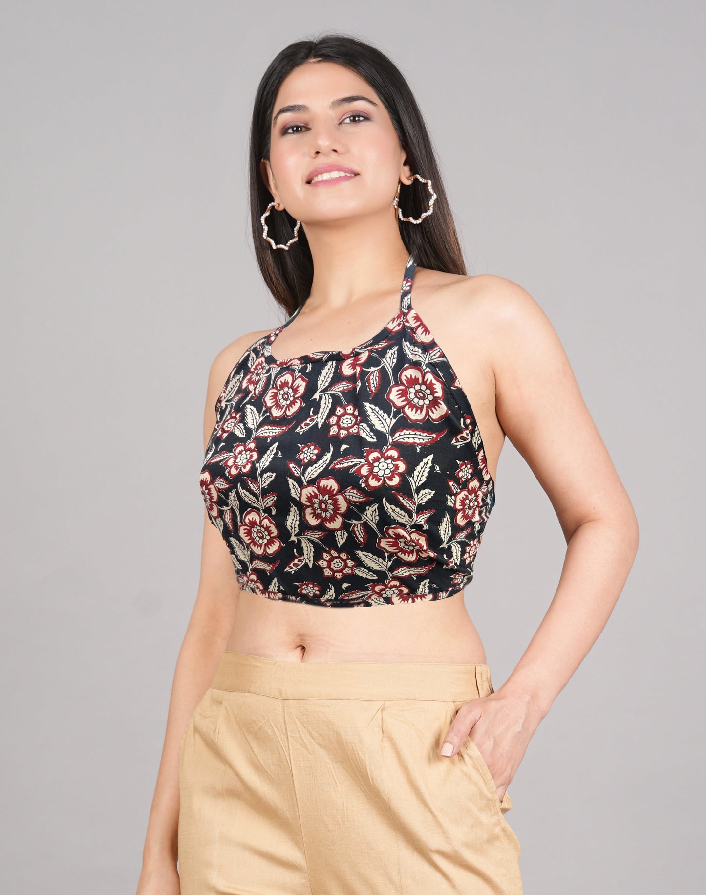 yash gallery womens cotton blue geometrical hand block printed free size backless blouse blue