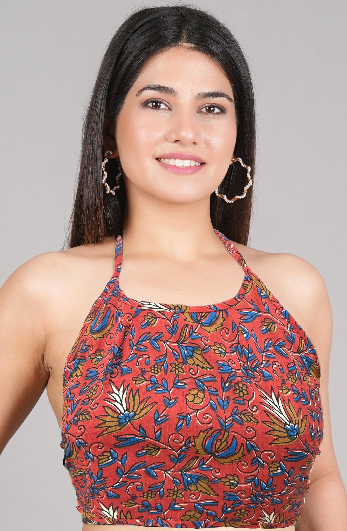 yash gallery womens cotton blue geometrical hand block printed free size backless blouse blue