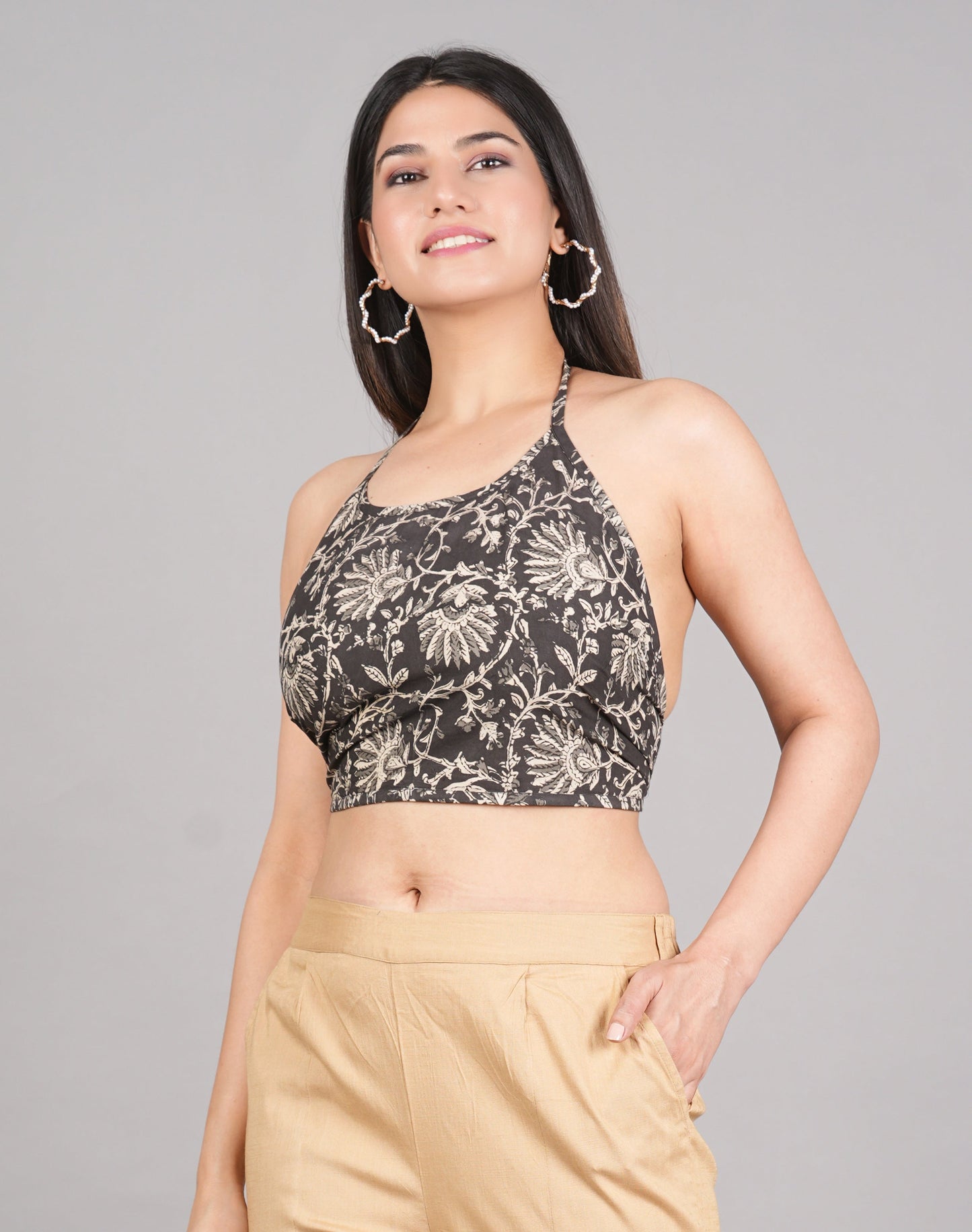 yash gallery womens cotton blue geometrical hand block printed free size backless blouse blue