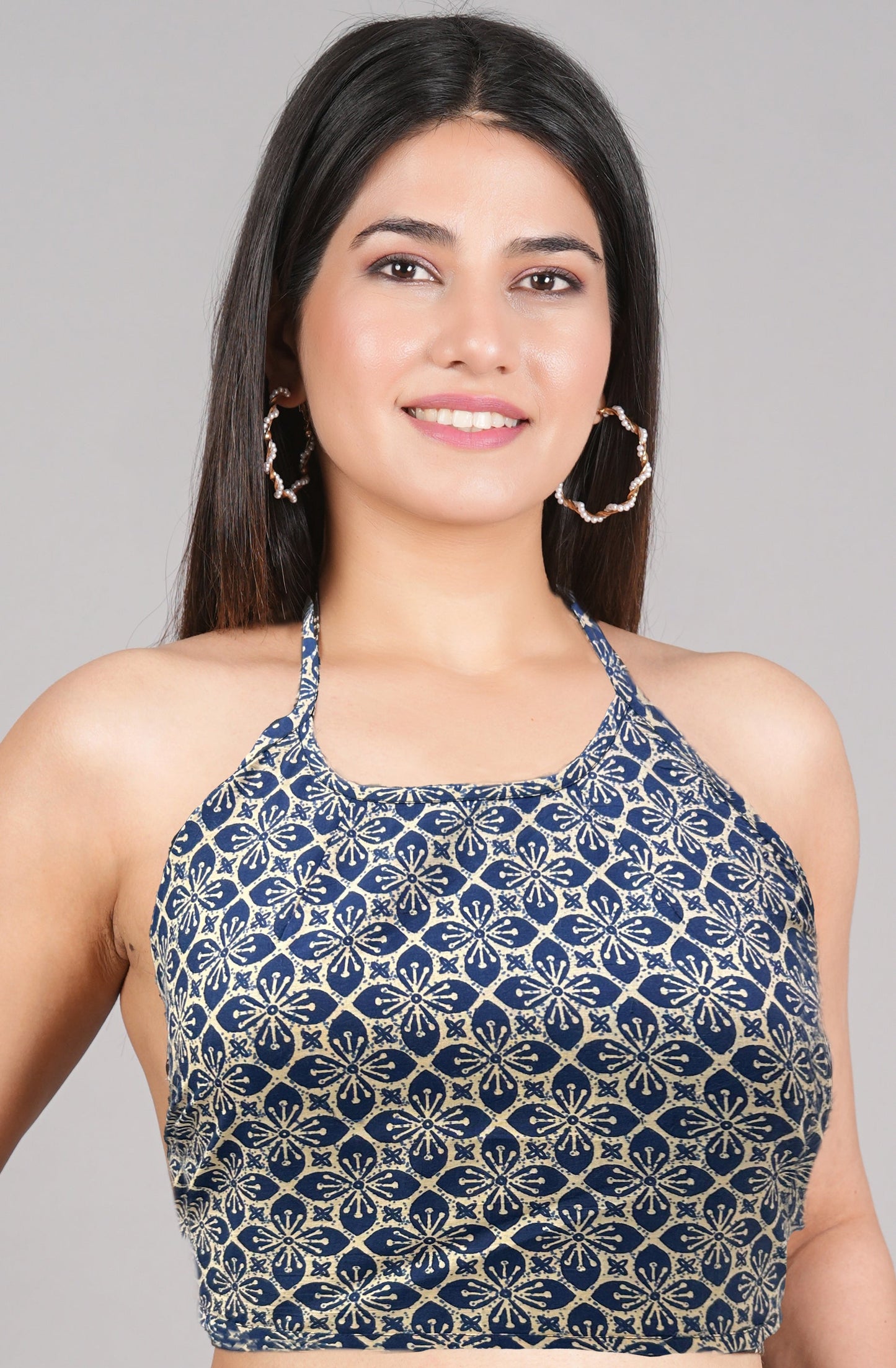 yash gallery womens cotton blue geometrical hand block printed free size backless blouse blue