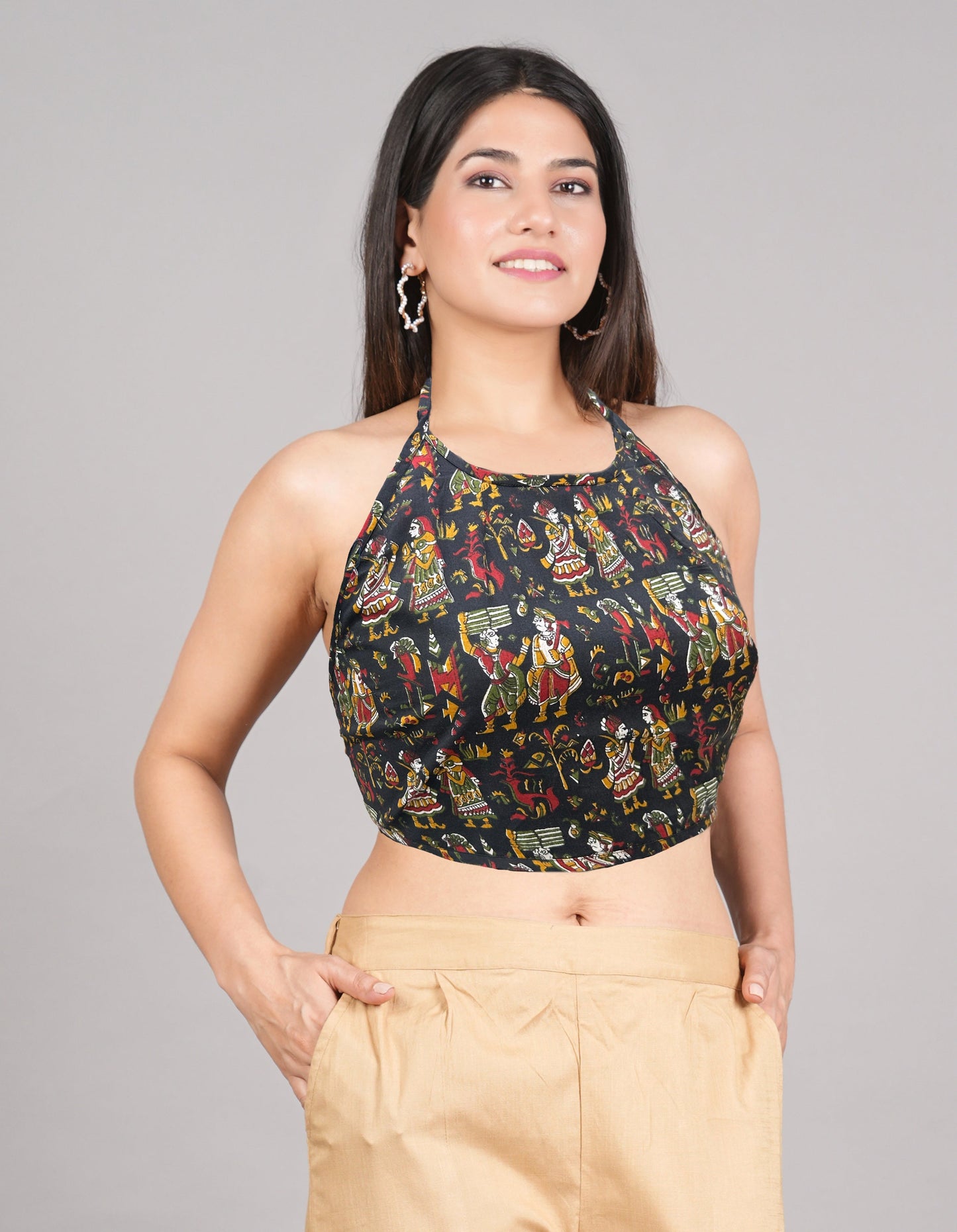 yash gallery womens cotton blue geometrical hand block printed free size backless blouse blue