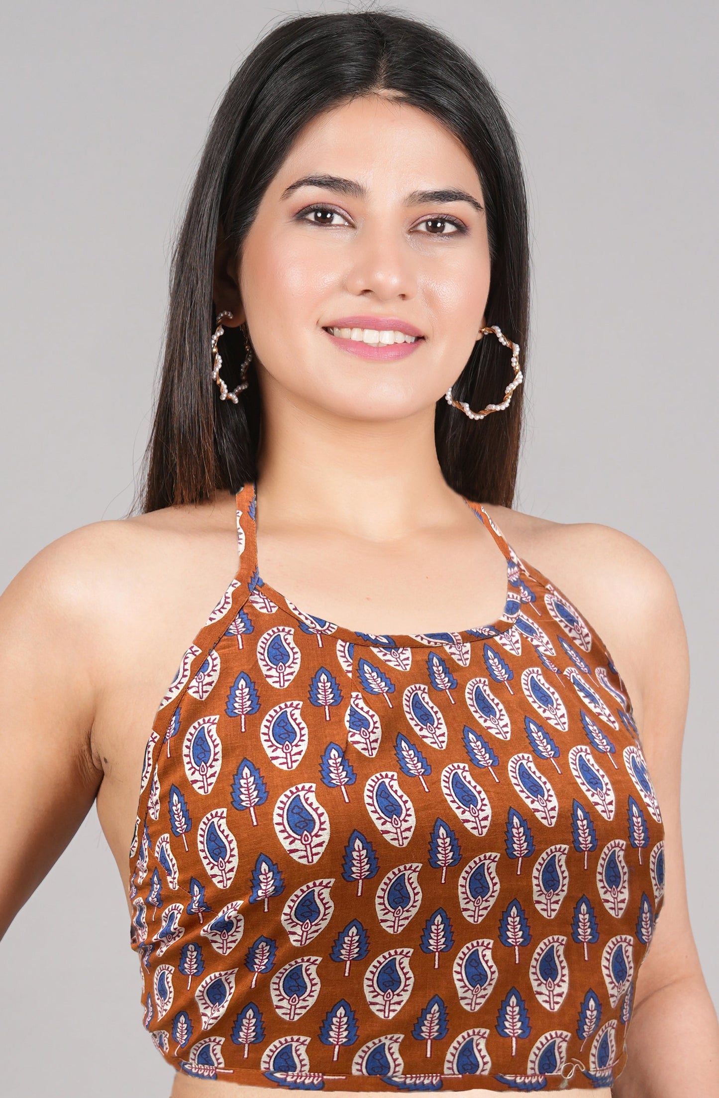 yash gallery womens cotton blue geometrical hand block printed free size backless blouse blue