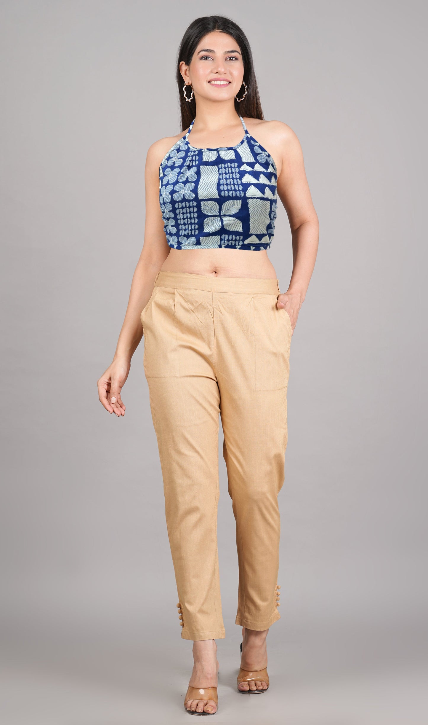 yash gallery womens cotton blue geometrical hand block printed free size backless blouse blue