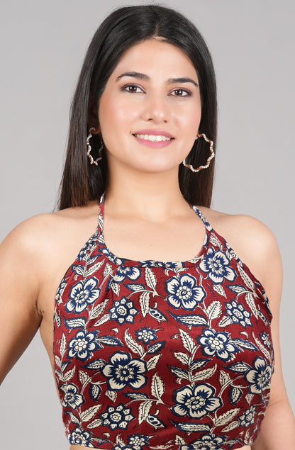 YASH GALLERY Women's Cotton Maroon Floral Hand block Printed Free size Backless Blouse (Maroon)