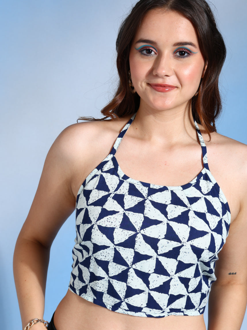 yash gallery womens cotton blue geometrical hand block printed free size backless blouse blue