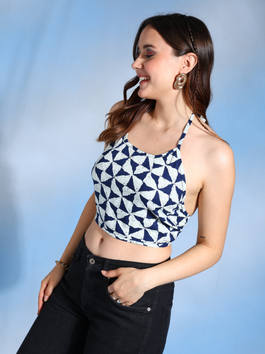 yash gallery womens cotton blue geometrical hand block printed free size backless blouse blue