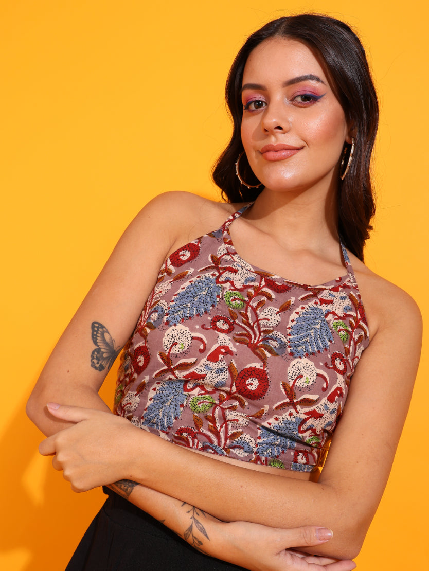yash gallery womens cotton blue geometrical hand block printed free size backless blouse blue
