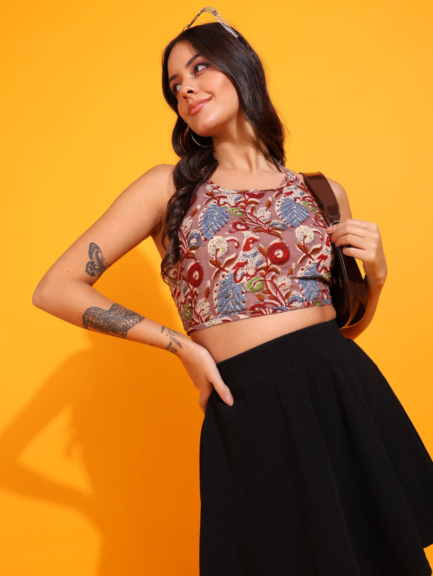yash gallery womens cotton blue geometrical hand block printed free size backless blouse blue